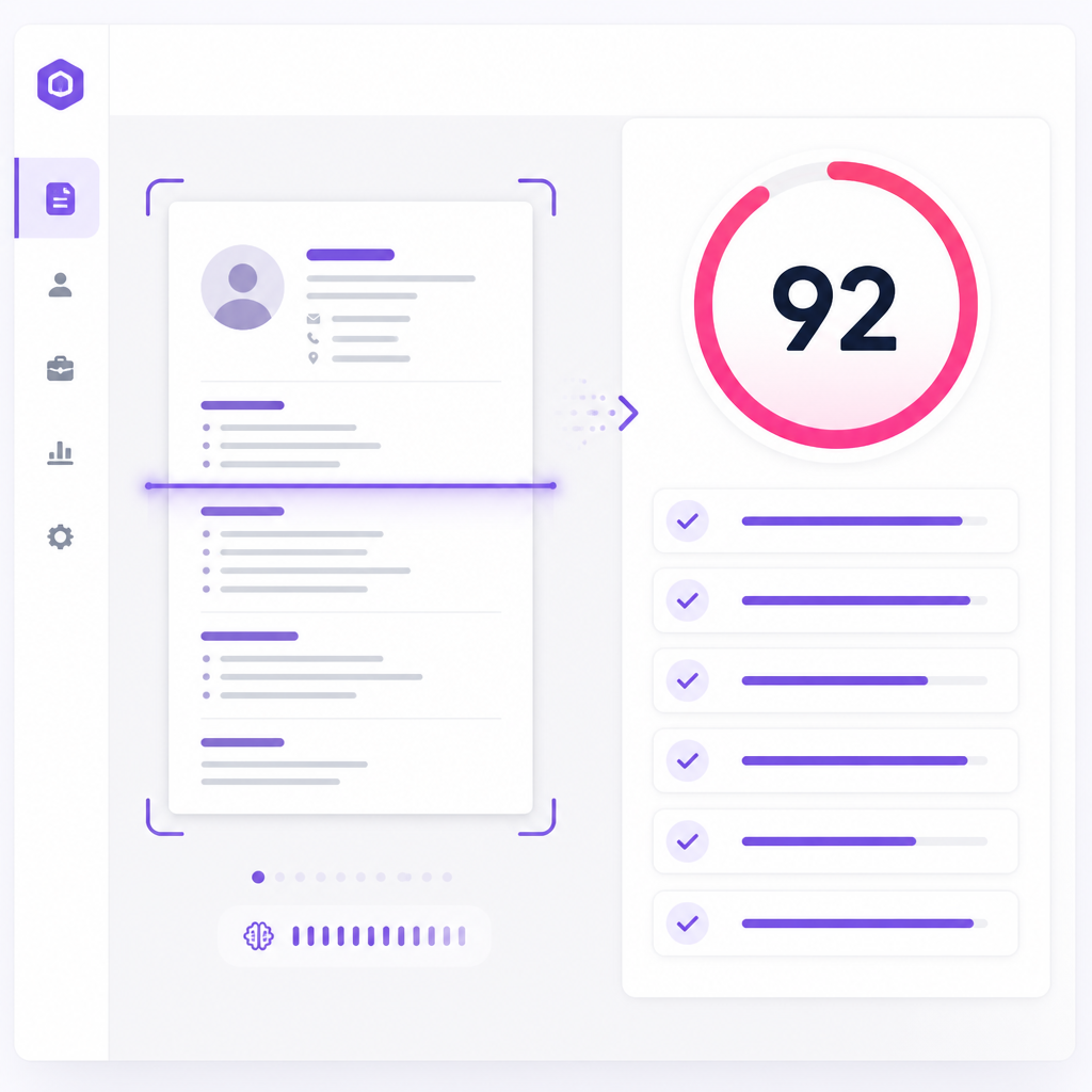 ATS resume checker dashboard showing a resume score of 92 and keyword analysis